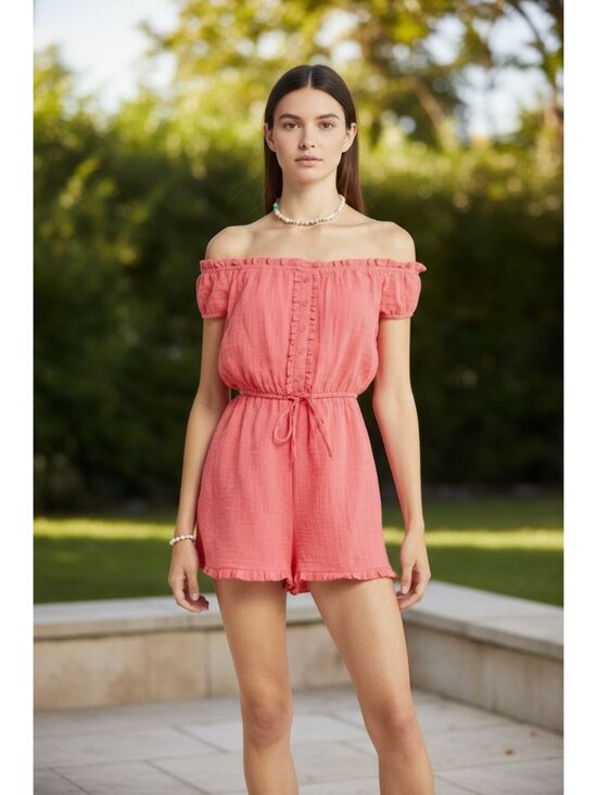 BP. Pants - BP. Coral Off-Shoulder Button-Front Ruffle Romper XXS